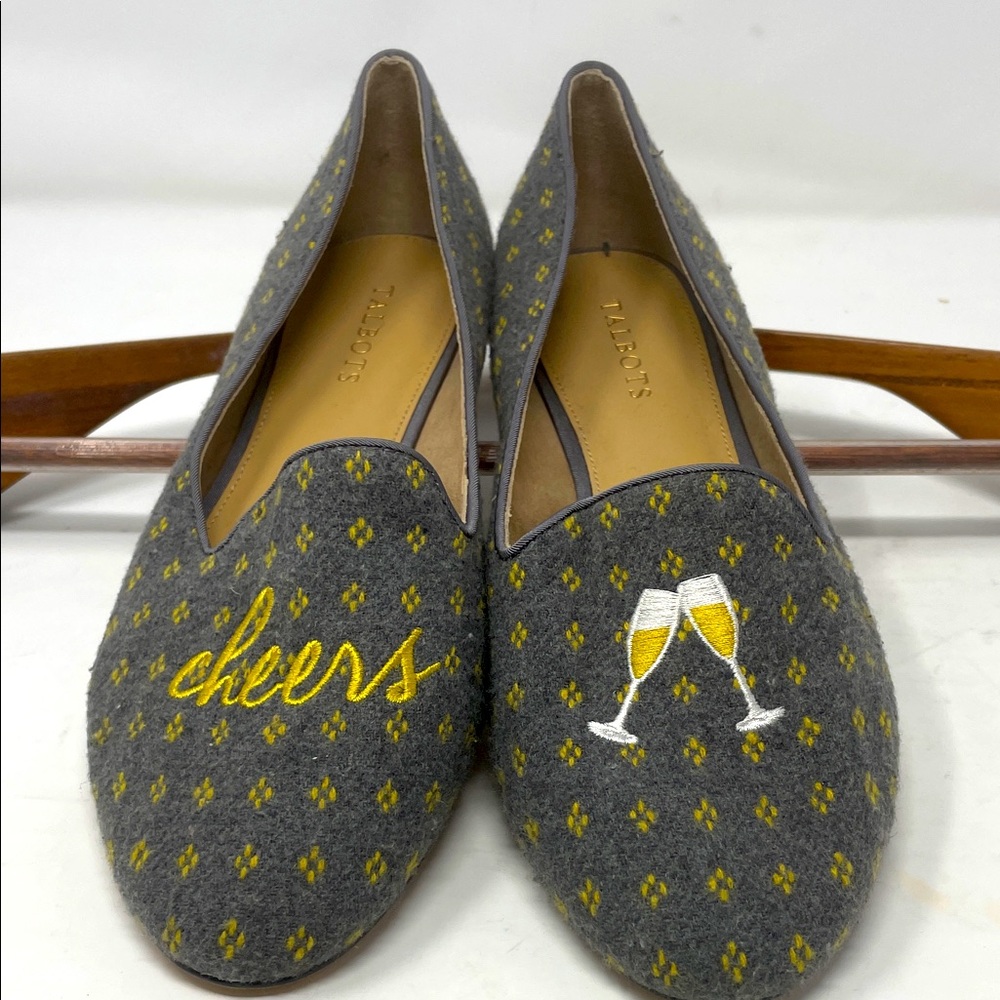 Talbots Gray with Yellow Champagne & Cheers Embroidered Loafers Size 10.5